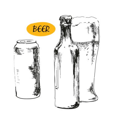 bardak bira, bira şişeleri ve kutular