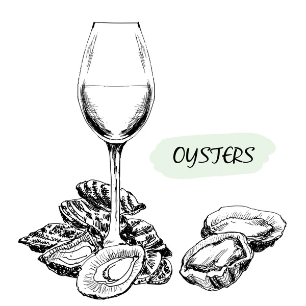 Oesters en wijn glas — Stockvector