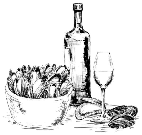 Mejillones con vino — Archivo Imágenes Vectoriales