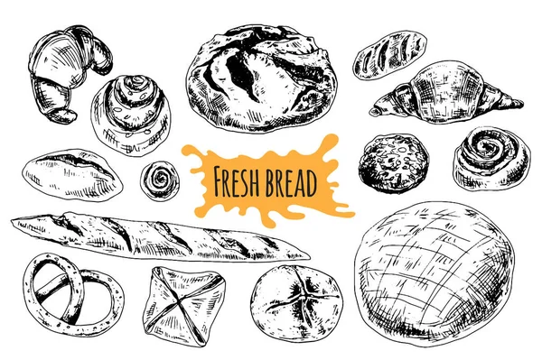 面包店背景。线性图形。面包和糕点系列。面包屋雕刻的顶部视图插图。矢量说明. 图库矢量图片