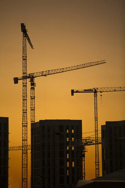 Gru al tramonto. Gru industriali da costruzione e sagome di edifici sopra il sole all'alba. In formato verticale . — Foto Stock