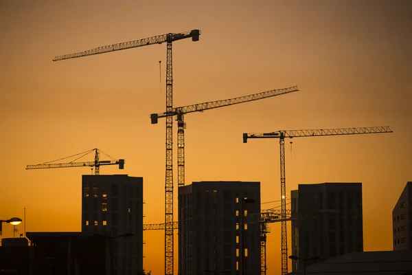 Gru al tramonto. Gru industriali da costruzione e sagome di edifici al sole all'alba . — Foto Stock