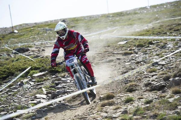 GRANADA, SPAIN - JUNE 30: Unknown racer on the competition of the mountain downhill bike "Bull bikes Cup DH 2013, Sierra Nevada " on June 30, 2013 in Granada, Spain — Stock Photo, Image