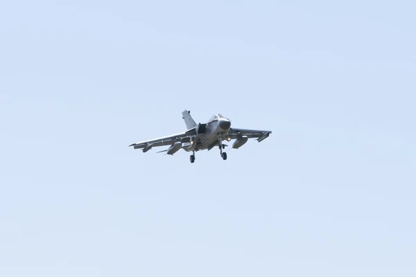 ALBACETE,SPAIN - APRIL 11: Military fighter jet during demonstration in Albacete air base, Los Llanos (TLP) on April 11, 2012 in Albacete,Spain — Stock Photo, Image