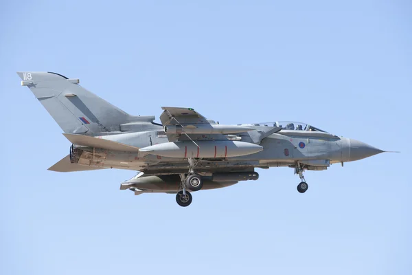 ALBACETE,SPAIN - APRIL 11: Military fighter jet during demonstration in Albacete air base, Los Llanos (TLP) on April 11, 2012 in Albacete,Spain — Stock Photo, Image