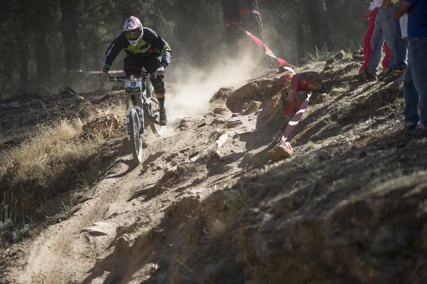 GRANADA, ESPAÑA - 25 DE OCTUBRE: Corredor desconocido en la competición de la mountain downhill bike "Cumbres Verdes, La Zubia" el 25 de octubre de 2012 en Granada, España — Foto de Stock