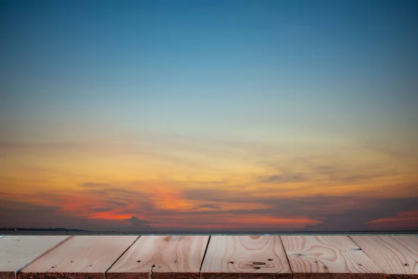 Wood Plank Table Top Sea Sunset — Stock Photo, Image