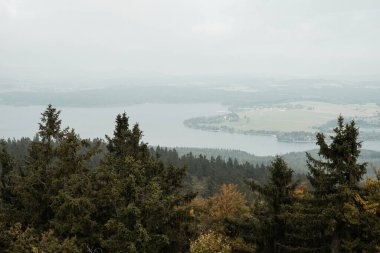 Vitkuv kalesinden, Sumava dağlarından, Çek Cumhuriyeti 'nden Lipno barajına ve sonbahar ağaçlarına bak