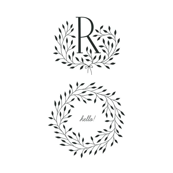 ベクトルハンドのセットは 花のRモノグラムとエレガントな花輪を描きました 文字R付きグラフィックロゴ — ストックベクタ