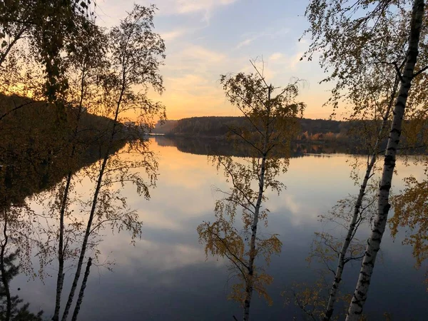 Sunset Lake Middle Forest Autumn — Stock Photo, Image