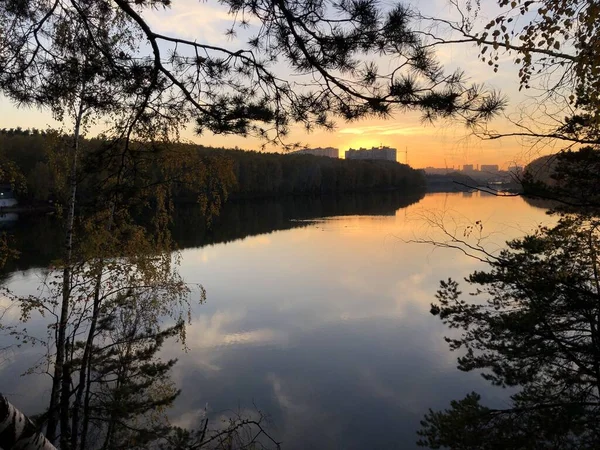 Sunset Lake Middle Forest Autumn — Stock Photo, Image