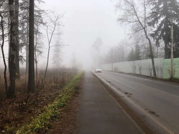 Camino Asfalto Una Niebla Otoñal —  Fotos de Stock