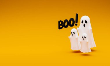 Tatlı hayalet cadılar bayramı günü ve Boo mesajı! Sarı arkaplan, 3 boyutlu illüstrasyon.