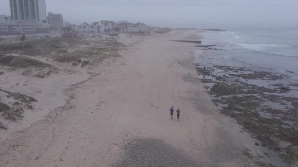 Widok z lotu psem na wybrzeże z ludźmi uprawiającymi jogging — Wideo stockowe