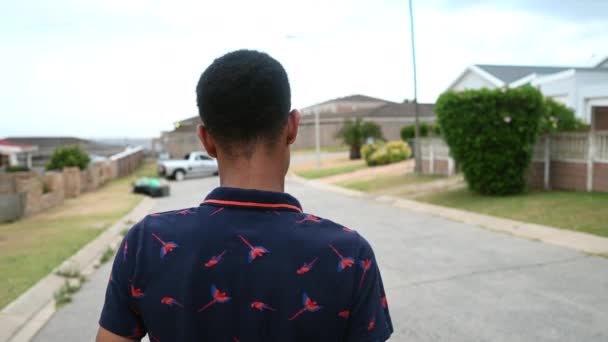 Achteraanzicht van jonge jongen gezien wandelen in de weg — Stockvideo