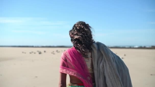 Woman Seen Running Beach Birds Flying Away — Stock Video