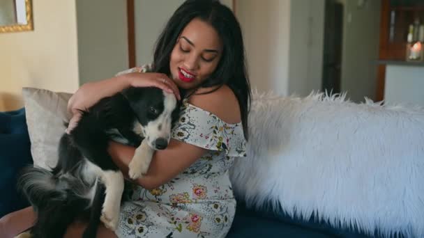 Woman Sitting Border Collie Her Lap — Video Stock