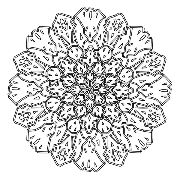 Mandala yuvarlak üçgeni zigzag damla muhteşem kıvrımlı kıvrımlı etnik desen boyama sayfa kitabı siyah beyaz sanat terapisi rahatlama psikoloji kristali