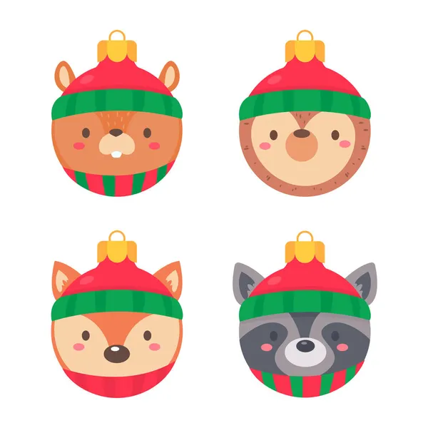 Tiergesicht Weihnachtskugel Mit Roter Wollmütze Zur Dekoration Weihnachten — Stockvektor