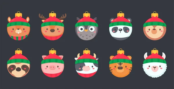 Boule Noël Visage Animal Portant Chapeau Laine Rouge Pour Décoration — Image vectorielle