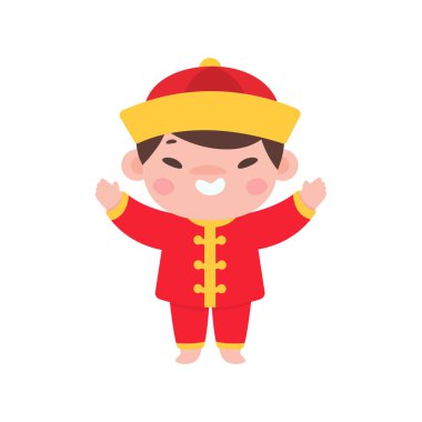 Çinli çocuklar Çin 'in yeni yılını kutlamak için kırmızı ulusal kostümler giyerler..