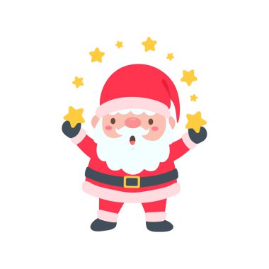 Noel baba kartlarını süslemek için kırmızı örgü şapka takan çizgi film.