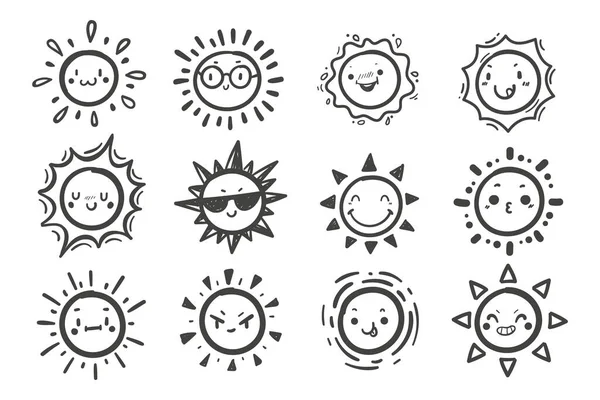 Mão Desenhada Bonito Desenho Animado Personagem Sol Definido Verão Elemento —  Vetores de Stock