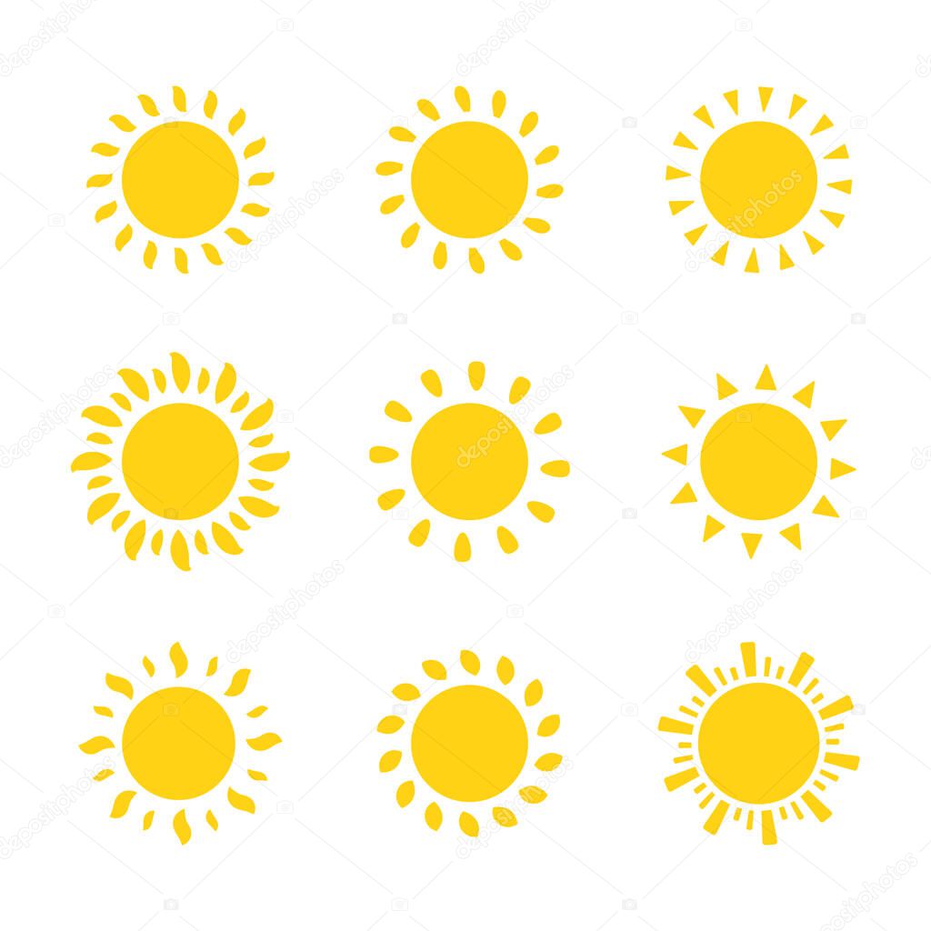Vector cartoon yellow sun Shining light rays to heat the summer. Isolated on white background.