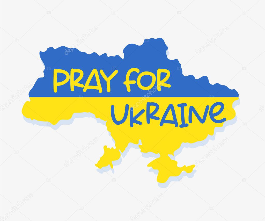 Ukraine map on yellow blue flag background and a message of prayer for peace in Ukraine