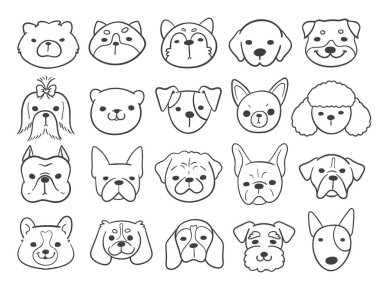 Çeşitli köpek türlerinin yüzlerinin çizgileri çocuklar için boyama kitabı süslüyor.