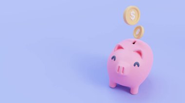 Altın para toplamak için şirin bir kumbara. Gelecek yatırımlar için tasarruf fikirleri. 3B Görüntü.