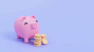 Altın para toplamak için şirin bir kumbara. Gelecek yatırımlar için tasarruf fikirleri. 3B Görüntü.