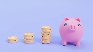 Altın para toplamak için şirin bir kumbara. Gelecek yatırımlar için tasarruf fikirleri. 3B Görüntü.