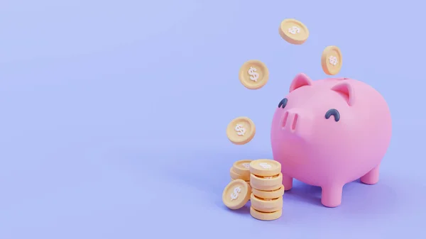 可爱的小猪银行收集金币 为今后的投资节约想法 3D说明 — 图库照片