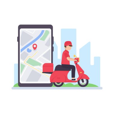 Teslimat sürücüsü bir harita ekranı ile cep telefonundan geçiyor. çevrimiçi gıda dağıtımı kavramı