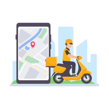 Teslimat sürücüsü bir harita ekranı ile cep telefonundan geçiyor. çevrimiçi gıda dağıtımı kavramı