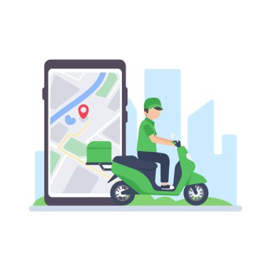 Teslimat sürücüsü bir harita ekranı ile cep telefonundan geçiyor. çevrimiçi gıda dağıtımı kavramı