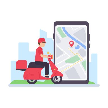Teslimat sürücüsü bir harita ekranı ile cep telefonundan geçiyor. çevrimiçi gıda dağıtımı kavramı
