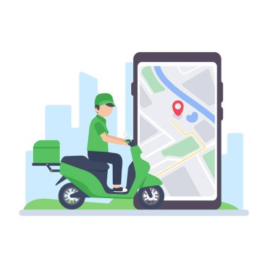 Teslimat sürücüsü bir harita ekranı ile cep telefonundan geçiyor. çevrimiçi gıda dağıtımı kavramı