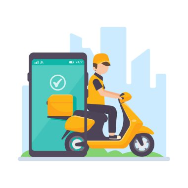 Teslimat sürücüsü bir harita ekranı ile cep telefonundan geçiyor. çevrimiçi gıda dağıtımı kavramı