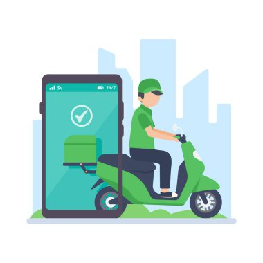 Teslimat sürücüsü bir harita ekranı ile cep telefonundan geçiyor. çevrimiçi gıda dağıtımı kavramı