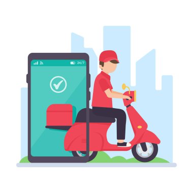 Teslimat sürücüsü bir harita ekranı ile cep telefonundan geçiyor. çevrimiçi gıda dağıtımı kavramı