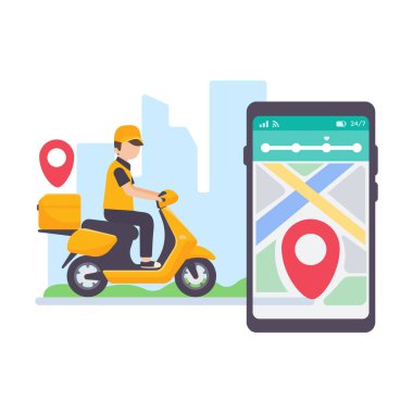 Teslimat sürücüsü bir harita ekranı ile cep telefonundan geçiyor. çevrimiçi gıda dağıtımı kavramı