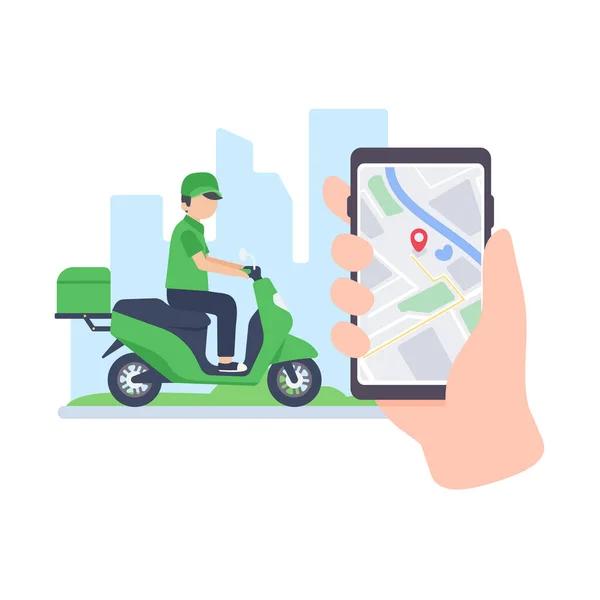 Motorista Entrega Dirige Através Telefone Celular Com Uma Tela Mapa — Vetor de Stock
