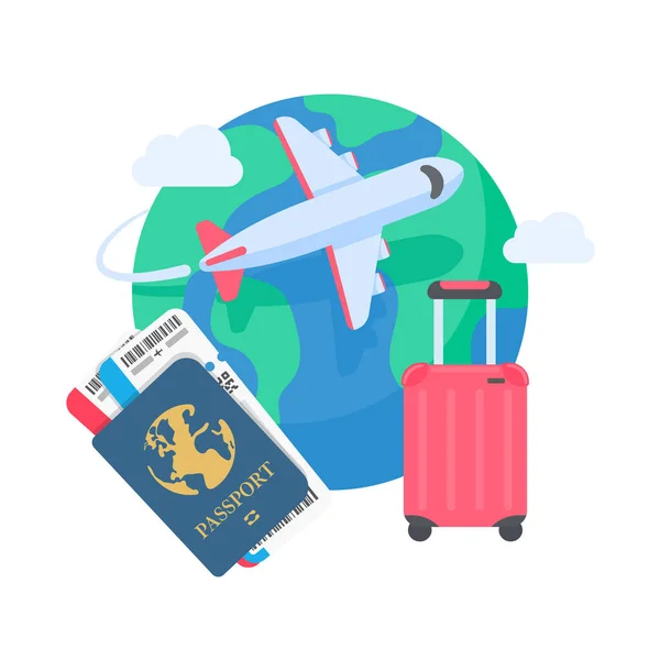 World Map Pinned Plan Travel International Airlines Luggage Plane Tickets — Vetor de Stock