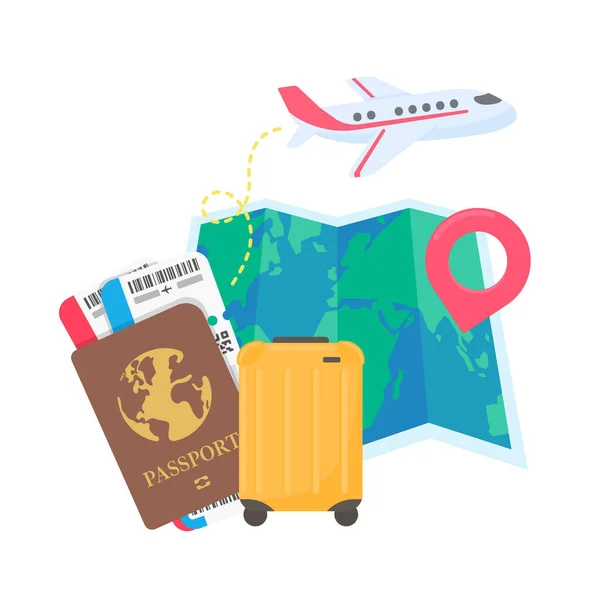 World Map Pinned Plan Travel International Airlines Luggage Plane Tickets — Image vectorielle