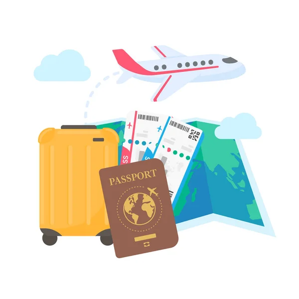 World Map Pinned Plan Travel International Airlines Luggage Plane Tickets — Vetor de Stock