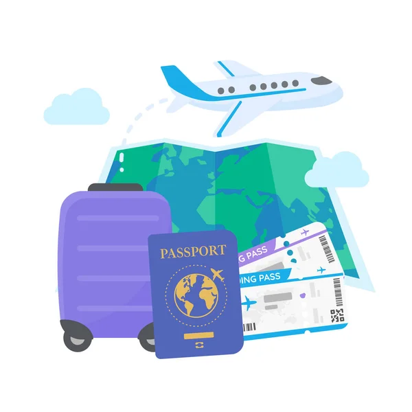 World Map Pinned Plan Travel International Airlines Luggage Plane Tickets — Vetor de Stock