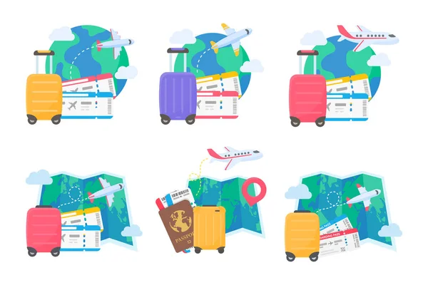 World Map Pinned Plan Travel International Airlines Luggage Plane Tickets — Vetor de Stock