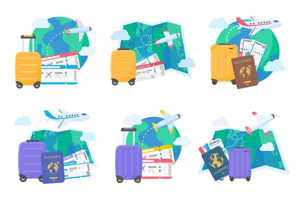 World Map Pinned Plan Travel International Airlines Luggage Plane Tickets — 图库矢量图片